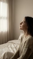 Young woman in cozy sweater enjoying peaceful morning sunlight streaming through bedroom window, eyes closed in serene meditation and relaxation moment.