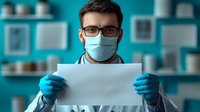 Male medical professional wearing protective face mask and blue gloves holding blank white paper in modern medical office with turquoise background.