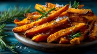 Roasted sweet potato fries with fresh rosemary herbs and sea salt on rustic wooden plate. Healthy orange vegetable side dish for restaurant menu design.