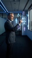 Mature Caucasian businessman in suit interacting with holographic legal justice scales and icons in modern office environment for digital law technology.