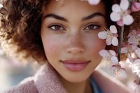 Young woman with curly brown hair and freckles surrounded by delicate pink blossoms, ideal for beauty, skincare, and spring lifestyle marketing campaigns.