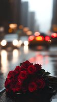Bouquet of deep red roses lying on wet urban street with blurred city traffic lights and skyscrapers in background, romantic gift concept for Valentine's Day or special occasions.