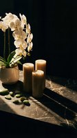 Elegant spa still life with white orchids, pillar candles, and green stones on dark marble surface in moody dramatic lighting.