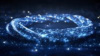 Glowing blue circular light trail with sparkling particles and bokeh effects on dark background creates magical atmosphere for technology designs.
