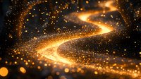 Magical glowing golden light trail with sparkling particles swirling in dark space, creating luminous curved path against black background. Festive abstract design.
