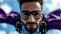 Young man with dark hair and full beard wearing blue-framed glasses and purple headphones around neck against blurred blue sky background for tech, music, lifestyle content.