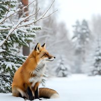 Red fox sitting in snowy winter forest among snow-covered evergreen trees and branches creating peaceful wildlife scene for nature photography projects.