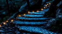 Magical stone steps glowing with blue bioluminescent lights creating enchanted pathway through dark forest at night for fantasy design projects.