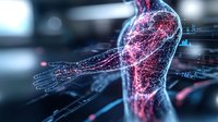 Digital visualization of human nervous system showing glowing red neural pathways and anatomical connections against dark background with data elements and light effects.