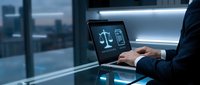 Professional businessman using laptop with justice scales legal software interface in modern office environment for law firm technology solutions.