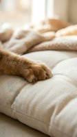 Orange tabby cat paws resting on beige fabric sofa in soft natural light creating cozy home atmosphere for pet care and comfort concepts.