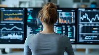 Young woman in striped shirt looking at multiple computer screens displaying financial charts, graphs and market data. Back view of stock trader analyzing statistics.