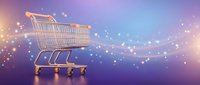 Shopping cart on purple gradient background with glowing lights and bokeh effects for e-commerce and retail marketing concepts.