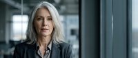 Mature woman with long silver hair wearing dark blazer in modern office environment, suitable for corporate and business concepts.