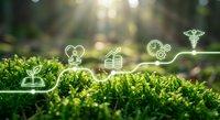 Green moss with glowing healthcare and medical icons connected by light lines representing digital health technology and nature-based wellness solutions.