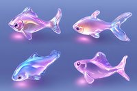 Luminescent glass fish with holographic iridescent effect in pink and blue colors swimming on purple background, glowing neon aquatic design elements.