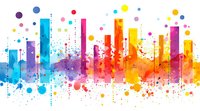Vibrant watercolor cityscape silhouette with colorful paint splashes and dots creating dynamic urban skyline against white background. For modern wall art.