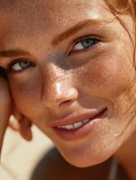 Close up portrait of young woman with natural freckles and blue eyes smiling in warm sunlight, showing genuine happiness and natural beauty in summer glow.