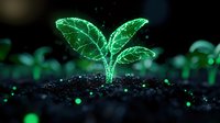 Glowing green plant sprout emerging from dark soil with magical sparkles and light effects, symbolizing growth, innovation, and environmental sustainability.