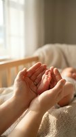 Tender moment of parent holding newborn baby feet in cupped hands with soft natural light streaming through window creating warm intimate atmosphere.