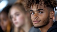 Young African American male with curly hair and confident expression looking ahead, wearing black hoodie against blurred background. Natural lighting highlights facial features.