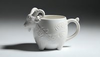 White ceramic teapot with ornate floral relief patterns and curved spout on neutral background for kitchen decor and tea service applications.