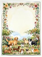 Watercolor frame with cute dogs of various breeds in a garden, floral border with paw prints and bones, copy space for text.