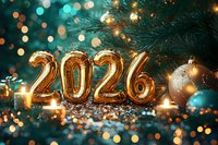 Gold foil number balloons 2024 with Christmas decorations, candles, and bokeh lights against pine branches background creating festive holiday atmosphere.