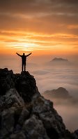 Silhouette of victorious hiker with raised arms standing on rocky mountain peak above clouds during golden sunrise for motivation and achievement concepts.