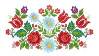 Traditional folk art floral embroidery pattern with roses, tulips and daisies in vibrant colors on white background for textile design and crafts.