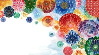 Vibrant watercolor floral composition with colorful blooms in red, blue, green, orange, and purple arranged in a flowing pattern on white background.
