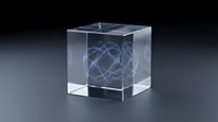 Transparent acrylic cube with glowing blue atomic structure inside, isolated on dark background. Suitable for science, technology, education, and corporate design projects.
