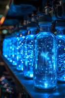 Glowing blue bottles with circuit board pattern design illuminated in dark setting, creating futuristic cyberpunk atmosphere with bokeh light effects in background.