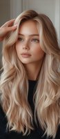 Young blonde woman with long wavy hair touching head in natural light portrait for beauty and haircare advertising campaigns.