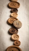 Wooden buttons in various sizes and shades arranged in a vertical line on neutral fabric, showcasing natural wood textures and four-hole designs for sewing and crafting projects.