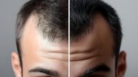 Male hair loss treatment before and after comparison showing balding scalp transformation with hair restoration results for medical advertising.