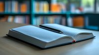 Open book with black pen on wooden desk in blurred library background for education and study concepts.