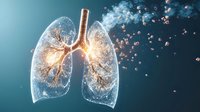 Glowing translucent human lungs with bronchial tree structure dissolving into particles against blue background, medical science visualization concept.