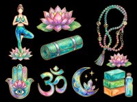 Yoga clipart set isolated on transparent background, featuring lotus, om symbol, hamsa, mala beads, mat, moon, and blocks for stickers, sublimation, t-shirt design.
