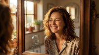 Happy middle-aged woman with curly brown hair smiling at mirror reflection in cozy home interior with warm natural lighting for self-care wellness concepts.