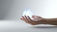 Female hands holding glowing transparent crystal sphere with magical light effects on clean white background for spiritual and energy concepts.