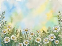 Watercolor meadow with white daisies and ferns on soft blue and green background, copy space for text, greeting card or poster.