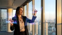 Young professional businesswoman celebrating success in modern office with city skyline view during golden hour sunset light through windows.