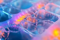 Colorful macro photography of ice cubes with vibrant pink, blue and orange light reflections creating abstract patterns and textures on frozen surface.