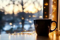 Cozy black coffee mug on windowsill with warm fairy lights creating magical bokeh atmosphere during golden hour for relaxation and comfort themes.
