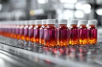 Laboratory glass vials with colorful gradient liquid samples arranged on metal rack in pharmaceutical research facility for drug development and testing.