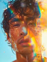 Young Asian male model with wet hair and water drops on face against vibrant blue and orange background with prismatic light effects and bokeh elements.