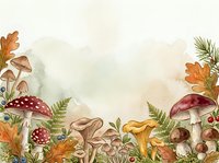 Watercolor autumn forest floor with mushrooms, toadstools, fallen leaves, ferns, and berries arranged as border frame on cream background for seasonal designs.