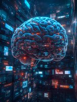 Glowing brain surrounded by futuristic cyberpunk cityscape with neon lights and digital displays, representing artificial intelligence and neural networks.
