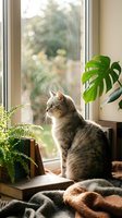 Tabby cat sitting on windowsill surrounded by houseplants in cozy home interior with natural sunlight streaming through window for pet lifestyle content.